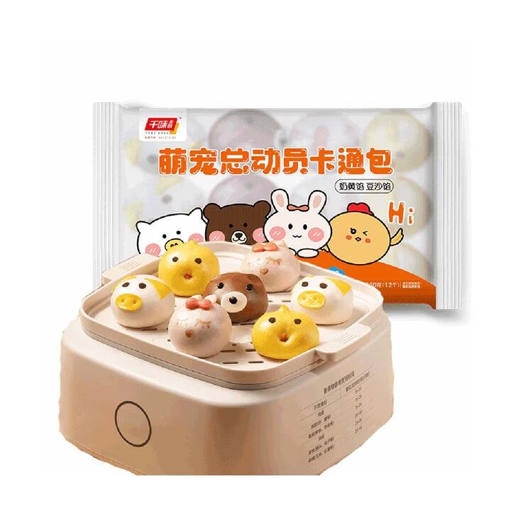 Qianwei Central Kitchen Frozen Cartoon Buns with Custard and Red Bean Paste - 12pcs, 360g