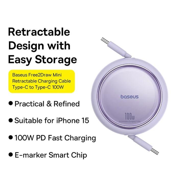 Baseus Mini Series Retractable Fast Charging Cable Type-C to Type-C 100W 1m Nebula Purple