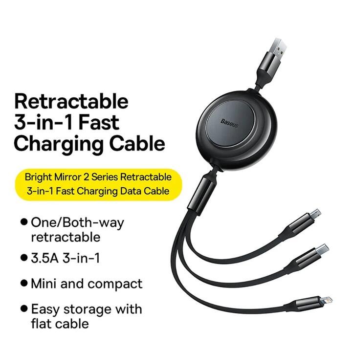 Baseus Bright Mirror 2 Series Retractable 3-in-1 Fast Charging Cable - 1.1m, Black