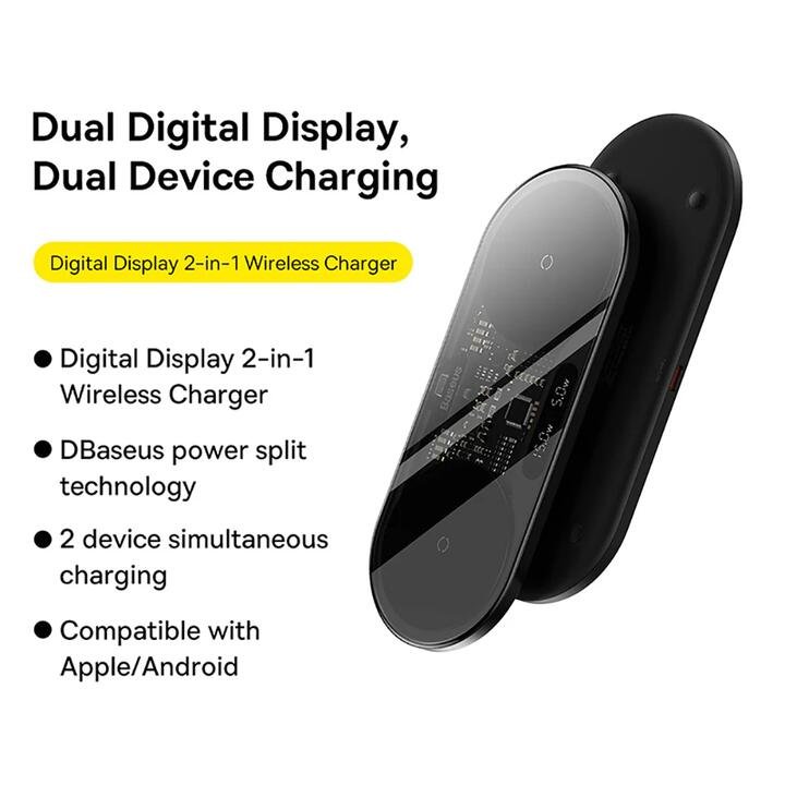Baseus Dual Digital Display 2-in-1 Wireless Charger 20W – Black Gourmet Grocer Baseus Dual Digital Display 2-in-1 Wireless Charger 20W - Black