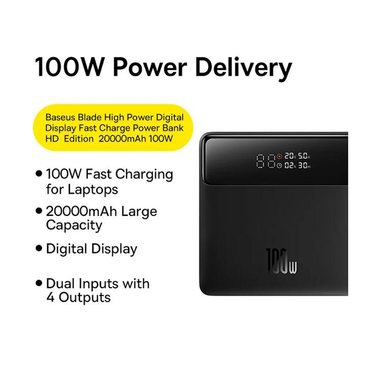 Baseus Blade High Power Digital Display Fast Charge Power Bank HD Edition 20000mAh 100W - Black