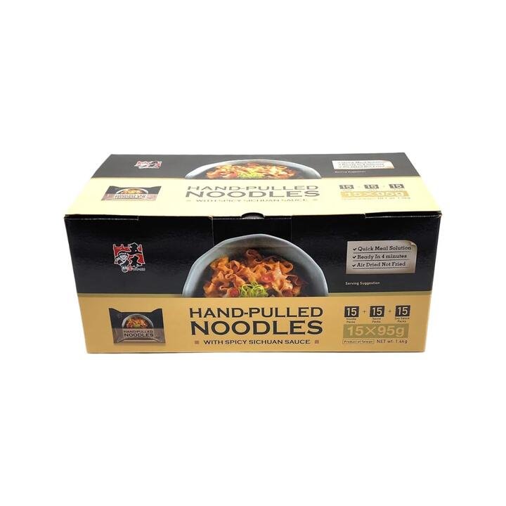 Wu-Mu Hand-Pulled Noodles with Spicy Sichuan Sauce – 15 × 95g – Air-Dried Ready in 4 Minutes Gourmet Grocer Wu-Mu Hand-Pulled Noodles with Spicy Sichuan Sauce – 15 × 95g - Air-Dried Ready in 4 Minutes