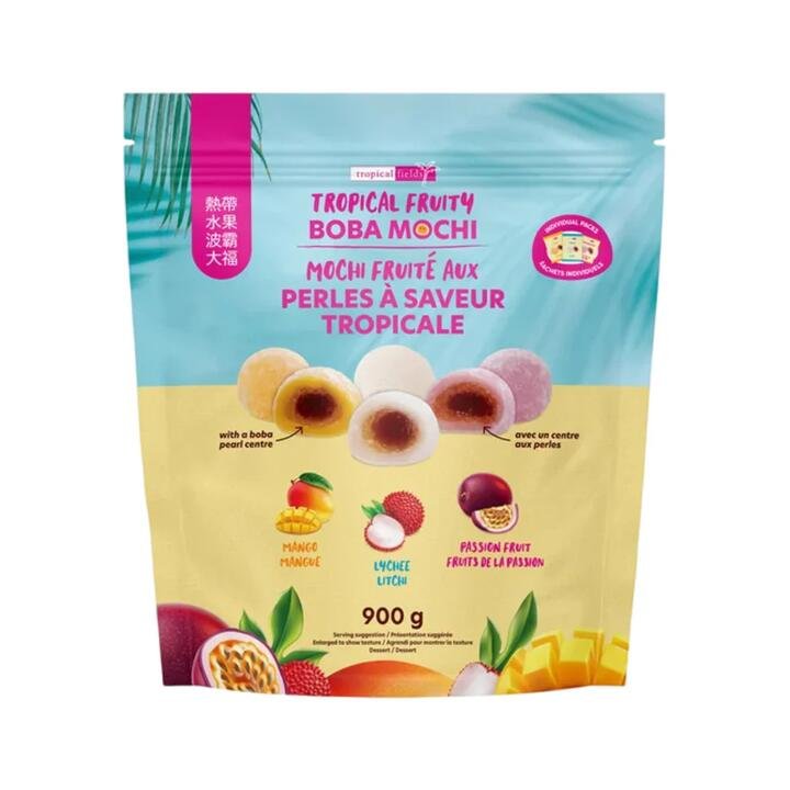 Tropical Fields Tropical Fruity Boba Mochi Variety Pack – Mango, Lychee & Passion Fruit, Chewy Rice Cakes with Boba Pearl Center, 900g