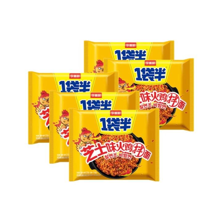 Jinmailang One-and-a-Half Cheese Fire Chicken Stir-Fry Ramen – 135g × 5 Packs
